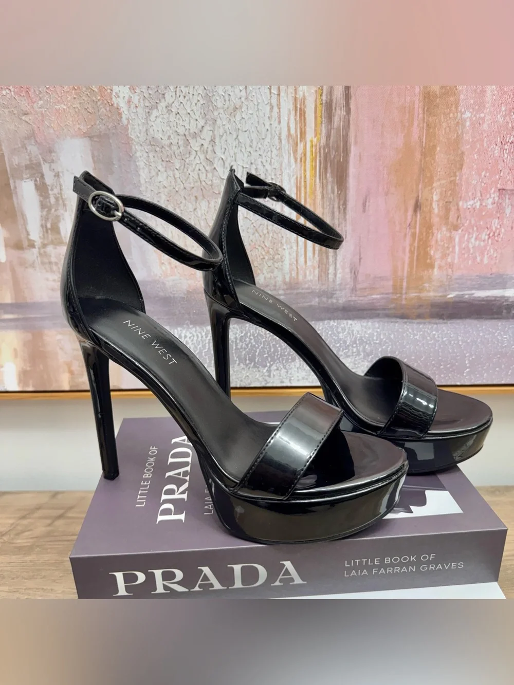 ❤️ Sexy Nine West Black Patent Platform Ankle Strap Stiletto Sandals